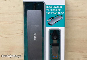 Adaptador / HUB USB-C e USB com leitor de cartão TF e SD + 3 portas USB + 1 porta USB-C