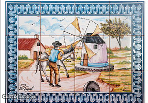 Painéis de Azulejos Moinho e Burro Paisagem Rural Quadro