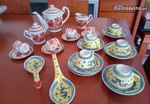 7 Peças Serviço Café Porcelana Macau e 7 Peças Porcelana Chinesa Vintage