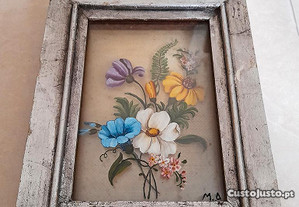 Quadro Antigo Pintura Flores em Vidro sobreposto Vintage pintado à mão