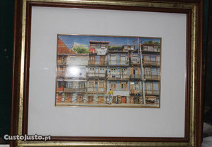 Pintura original a Óleo sobre Linho das casa típicas da Ribeira, tela com 36x26 cm