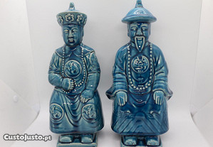 Par Dignatários Esculturas Porcelana Chinesa Azul 30 cm