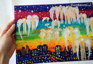 Pintura abstrata colorida espiritual anjos da guarda
