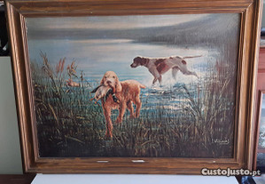 Retro Vintage Antigo Quadro 80x60cm Gravura Cães aos Patos - J. Williams
