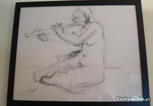 Pintura Jacqueline Oblin Desenho a Carvão s papel Nu feminino tocando flauta 1977
