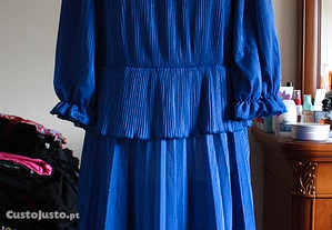 Vestido Vintage Azul de Manga Comprida com Saia Plissada