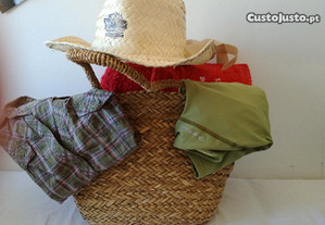 Conjunto cesta verga+chapéu+toalha de praia+ camis