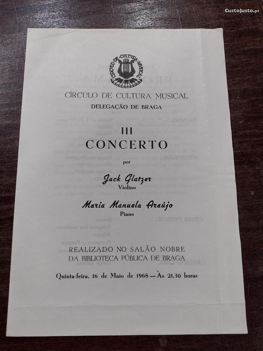 Concerto Maria Manuela Araújo / Jack Glatzer 1968 Programa
