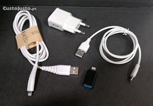 Conjunto de acessórios para iphone, 2 cabos (1 novo), 1 adaptador e 1 carregador (novo)
