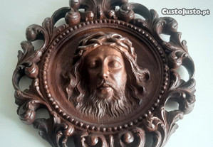 Retro Vintage Muito Antigo Rosto Jesus Cristo Coroado Talhado em Madeira