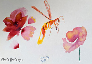 Pintura Aguarela de Vespa e Flores por Caroline Ting