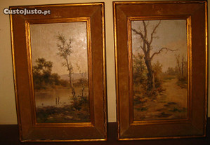 Antigo par quadros oleo sobre madeira paisagens ass 1900s