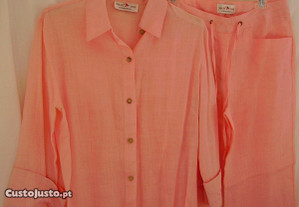 Conjunto calça e casaco linho cor de rosa - Tam.L