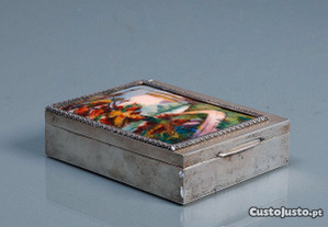Caixa cigarreira em Prata com bonita decoração em esmalte de Limoges