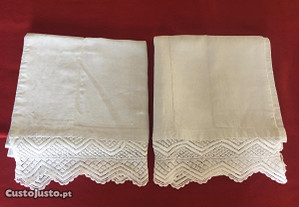 Par toalhas linho caseiro artesanal com renda feita à mão em tricot