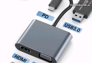 Adaptador hub 4 em 1 com porta HDMI, VGA, PD e USB 3.0