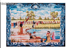 Quadro Gravura de Mulheres Lavadeiras Azulejos Tradicionais Painel Típico