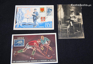 3 postais + selos - Mund. Hóquei 1952 (carimbo 1º)